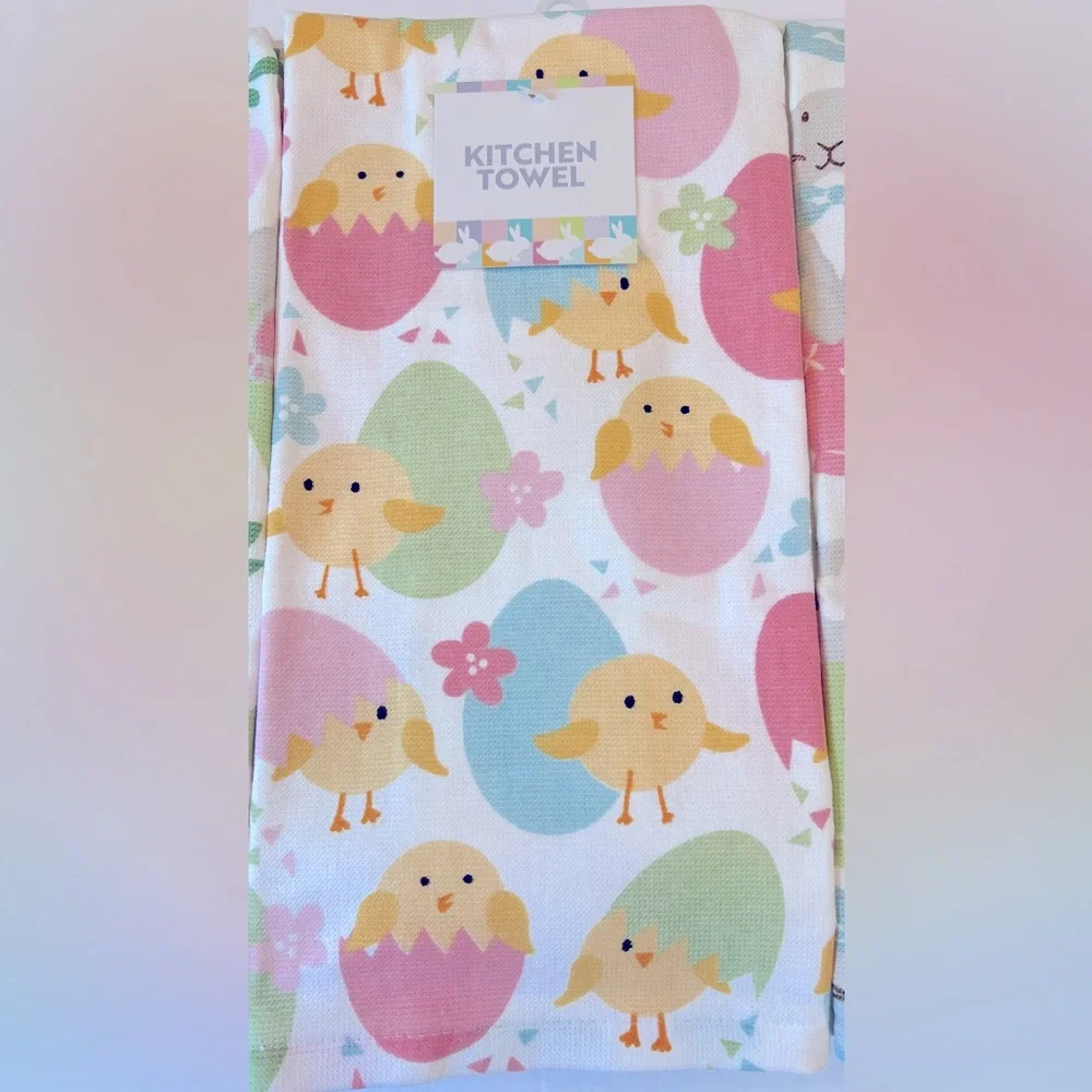 Easter Kitchen Towels Featuring Pastel Bunnies in Teacups and Chicks & Eggs. NWT
